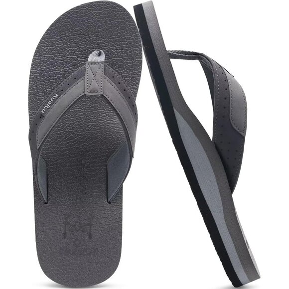 👑Men's Flip Flop Sandal Gray Leather Slip On Arch Support Comfortable Shoes